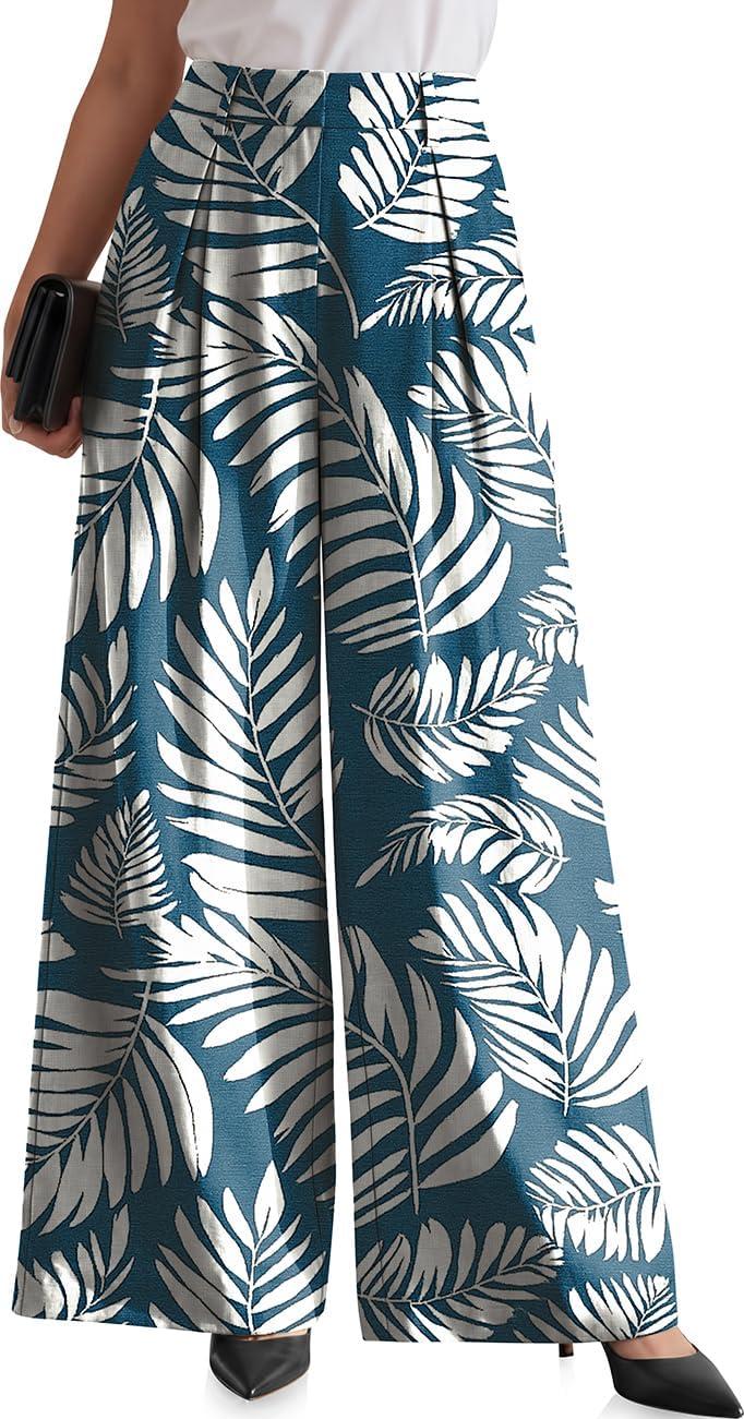 image:imageTARSE Womens High Waisted Linen Palazzo Pants 2026 Wide Leg Printed Pant Woman Flowy Work Casual Trousers with PocketsLeafbluewhite
