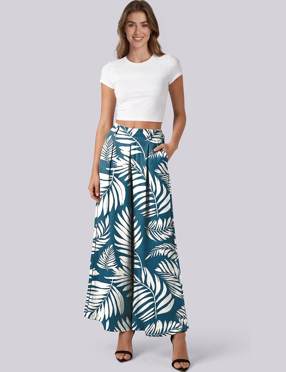 image:imageTARSE Womens High Waisted Linen Palazzo Pants 2026 Wide Leg Printed Pant Woman Flowy Work Casual Trousers with PocketsLeafbluewhite