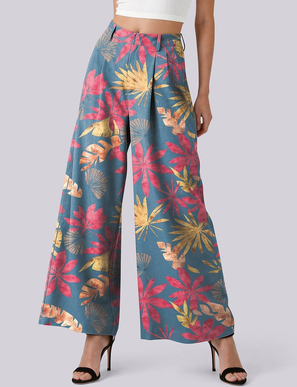 image:imageTARSE Womens High Waisted Linen Palazzo Pants 2026 Wide Leg Printed Pant Woman Flowy Work Casual Trousers with PocketsLeafpinkblue