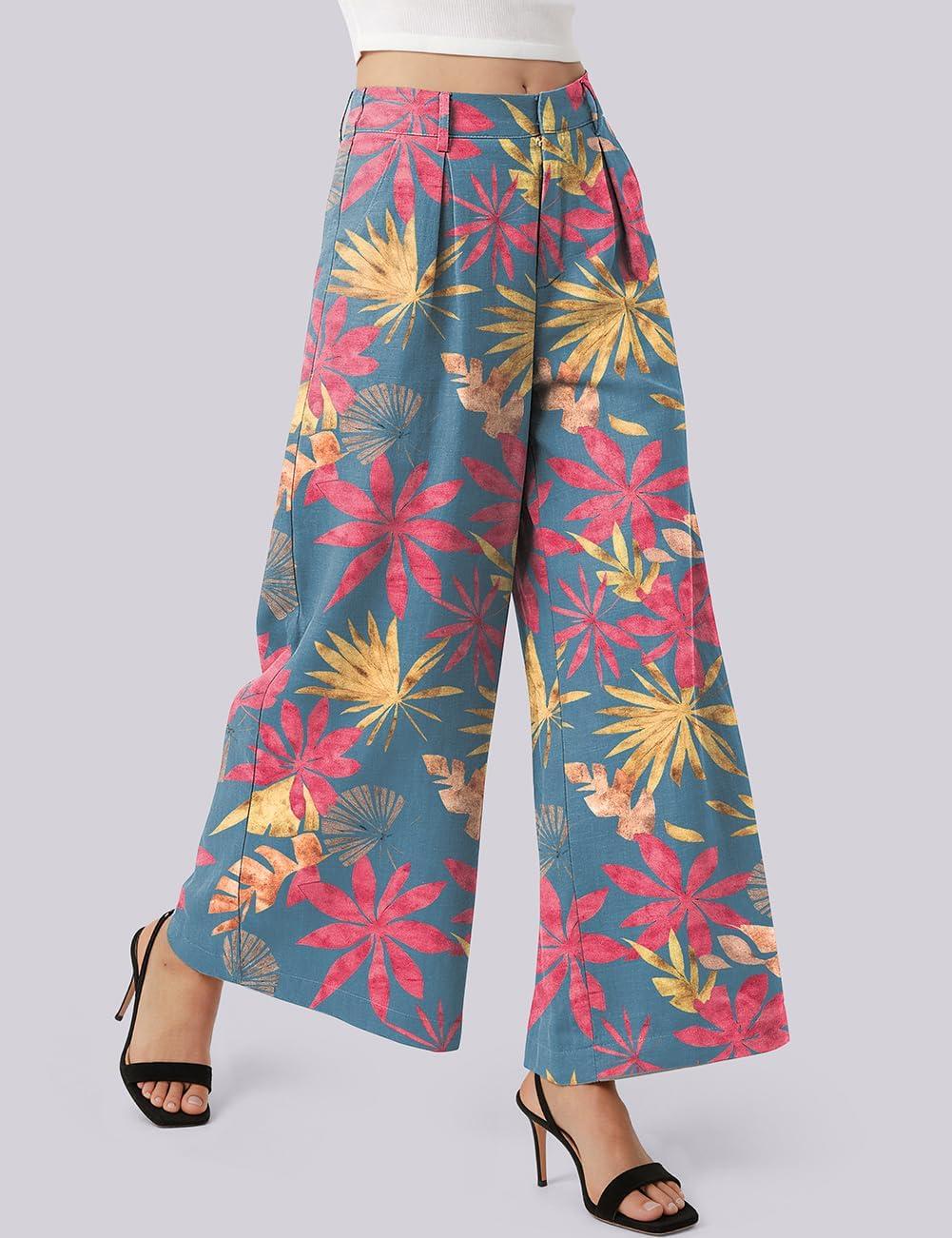 image:imageTARSE Womens High Waisted Linen Palazzo Pants 2026 Wide Leg Printed Pant Woman Flowy Work Casual Trousers with PocketsLeafpinkblue