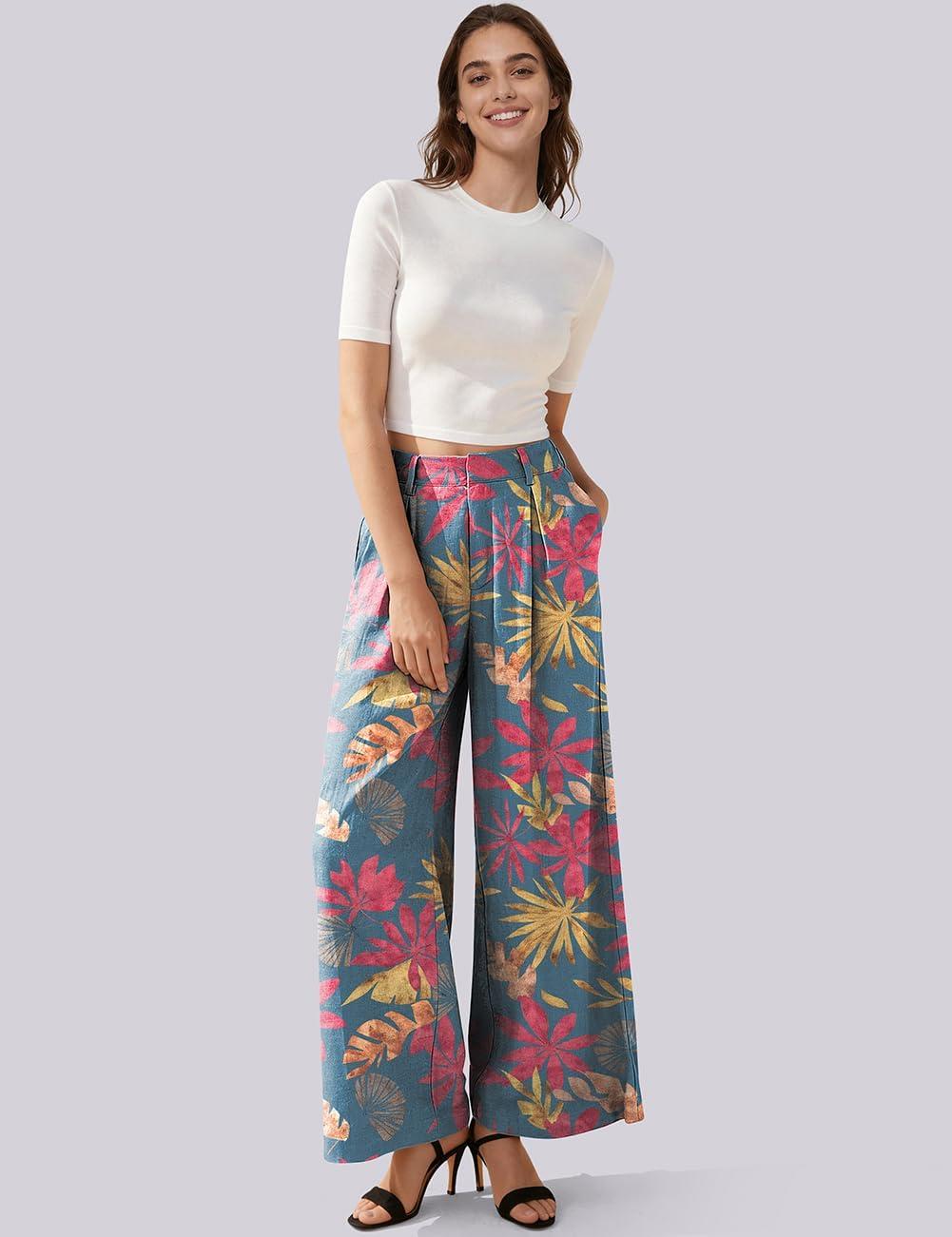 image:imageTARSE Womens High Waisted Linen Palazzo Pants 2026 Wide Leg Printed Pant Woman Flowy Work Casual Trousers with PocketsLeafpinkblue