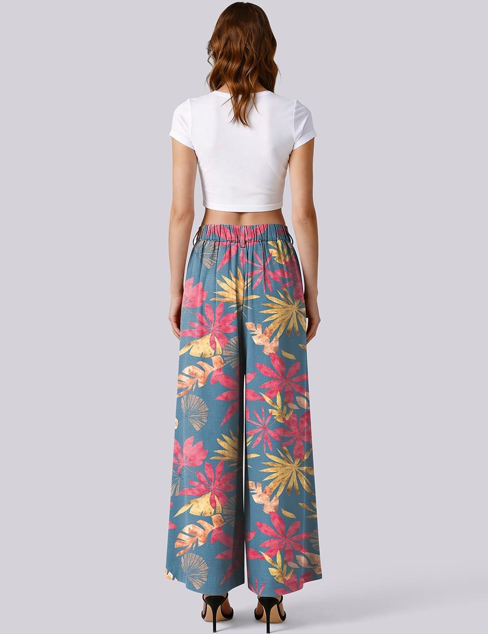 image:imageTARSE Womens High Waisted Linen Palazzo Pants 2026 Wide Leg Printed Pant Woman Flowy Work Casual Trousers with PocketsLeafpinkblue