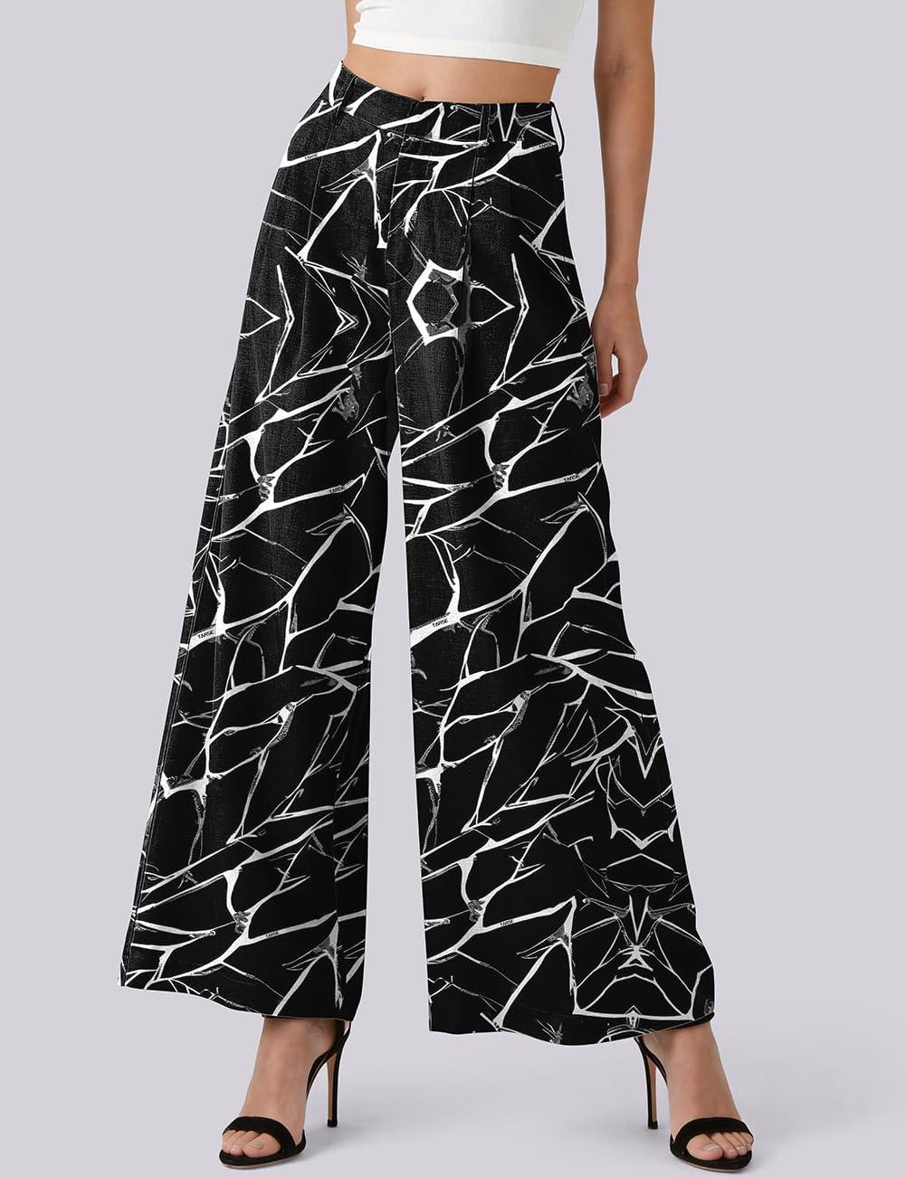 image:imageTARSE Womens High Waisted Linen Palazzo Pants 2026 Wide Leg Printed Pant Woman Flowy Work Casual Trousers with PocketsLeafstemblack