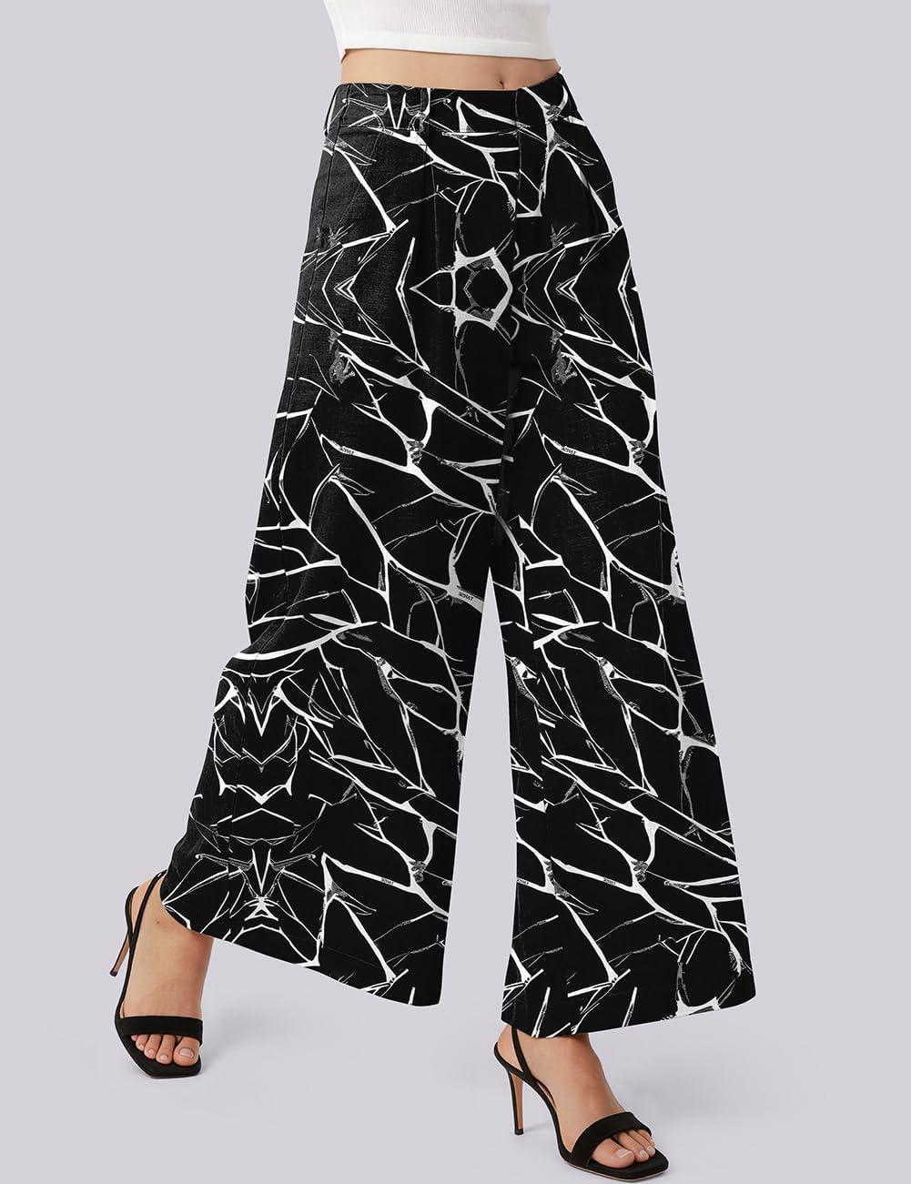 image:imageTARSE Womens High Waisted Linen Palazzo Pants 2026 Wide Leg Printed Pant Woman Flowy Work Casual Trousers with PocketsLeafstemblack