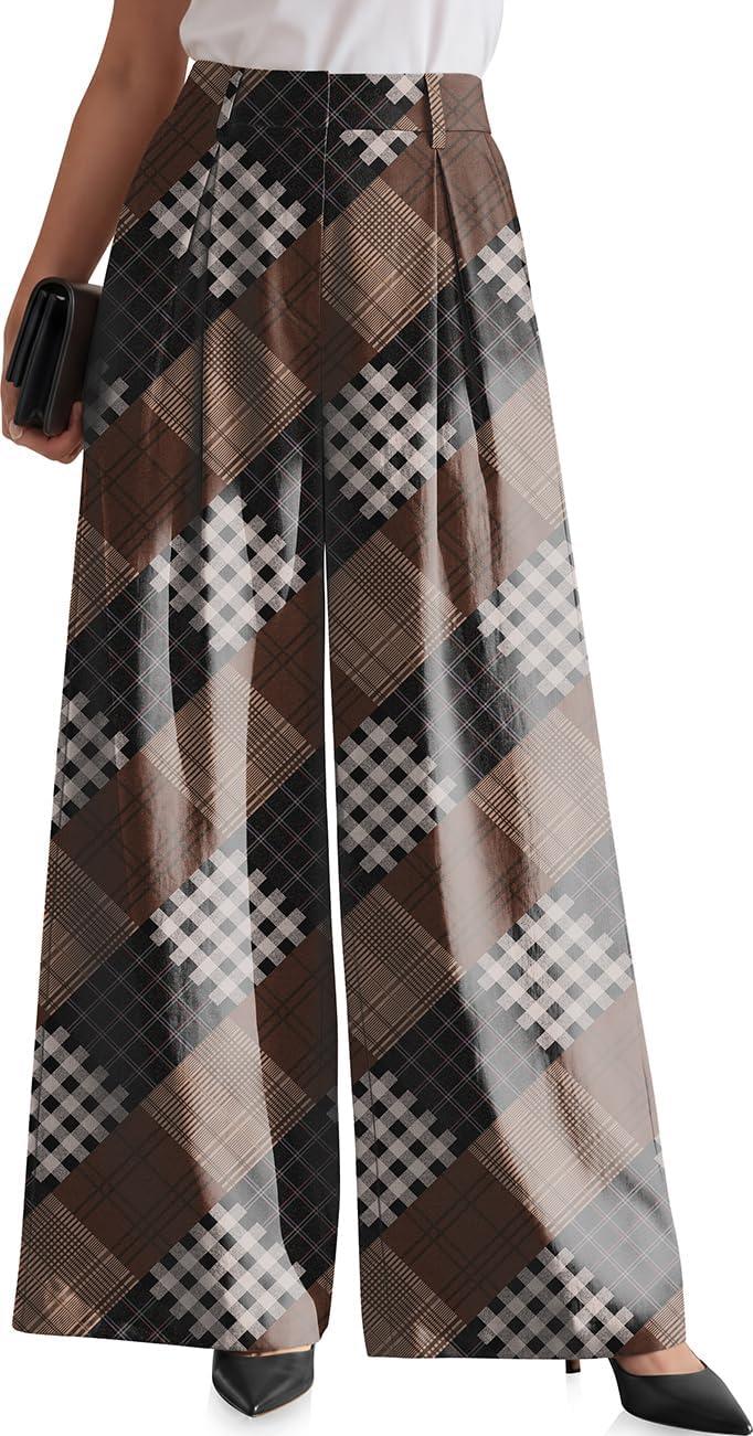 image:imageTARSE Womens High Waisted Linen Palazzo Pants 2026 Wide Leg Printed Pant Woman Flowy Work Casual Trousers with PocketsMultitwillflangeblackcoffee