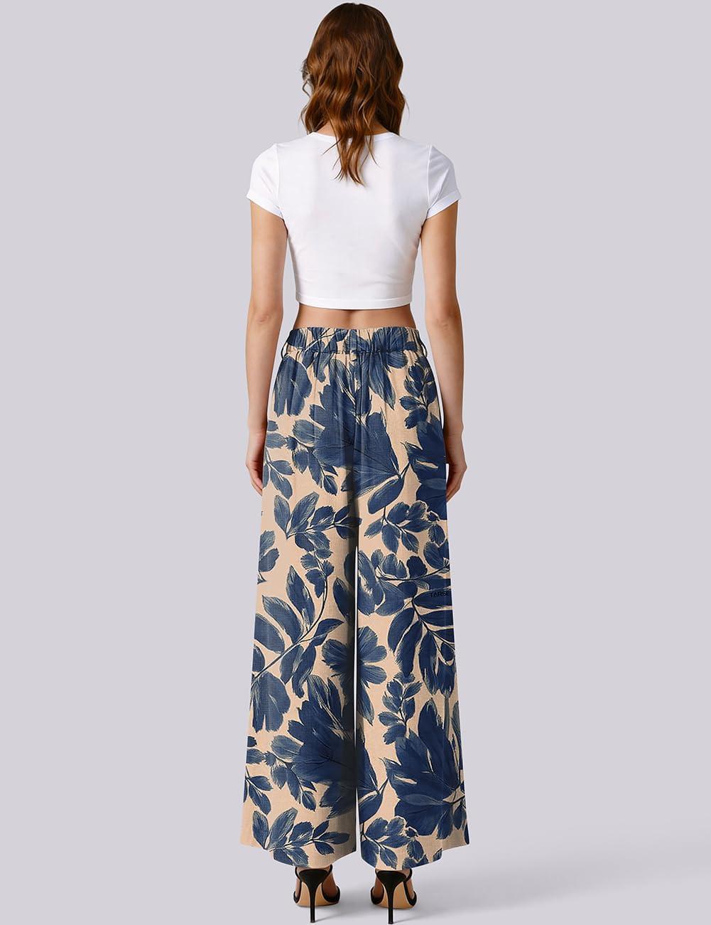 image:imageTARSE Womens High Waisted Linen Palazzo Pants 2026 Wide Leg Printed Pant Woman Flowy Work Casual Trousers with PocketsNavyleavepaint1