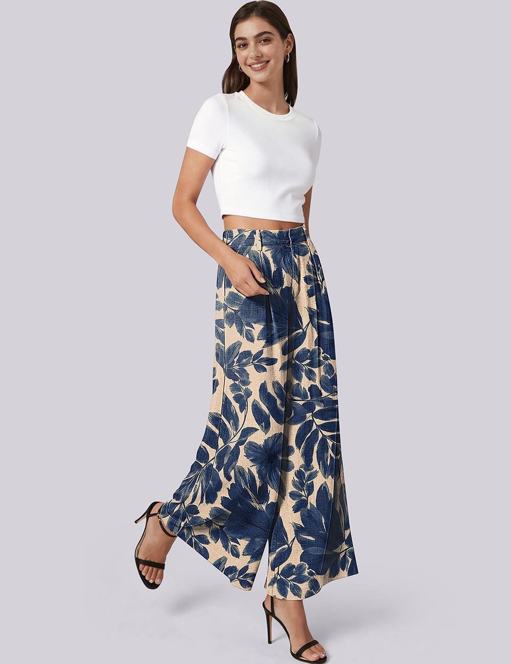 image:imageTARSE Womens High Waisted Linen Palazzo Pants 2026 Wide Leg Printed Pant Woman Flowy Work Casual Trousers with PocketsNavyleavepaint1
