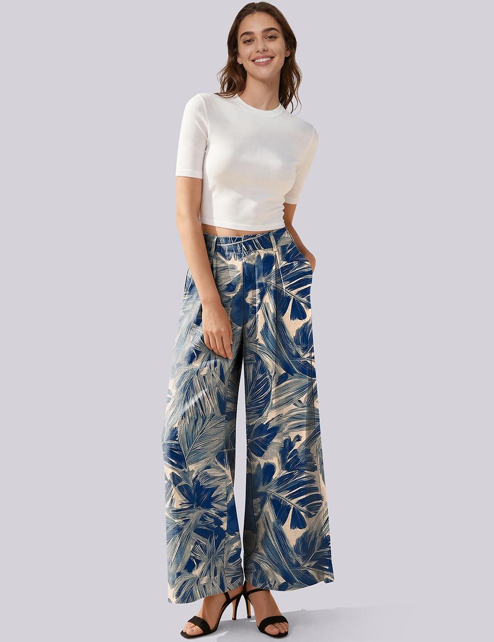 image:imageTARSE Womens High Waisted Linen Palazzo Pants 2026 Wide Leg Printed Pant Woman Flowy Work Casual Trousers with PocketsNavyleavepaint2