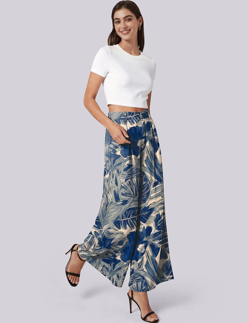 image:imageTARSE Womens High Waisted Linen Palazzo Pants 2026 Wide Leg Printed Pant Woman Flowy Work Casual Trousers with PocketsNavyleavepaint2