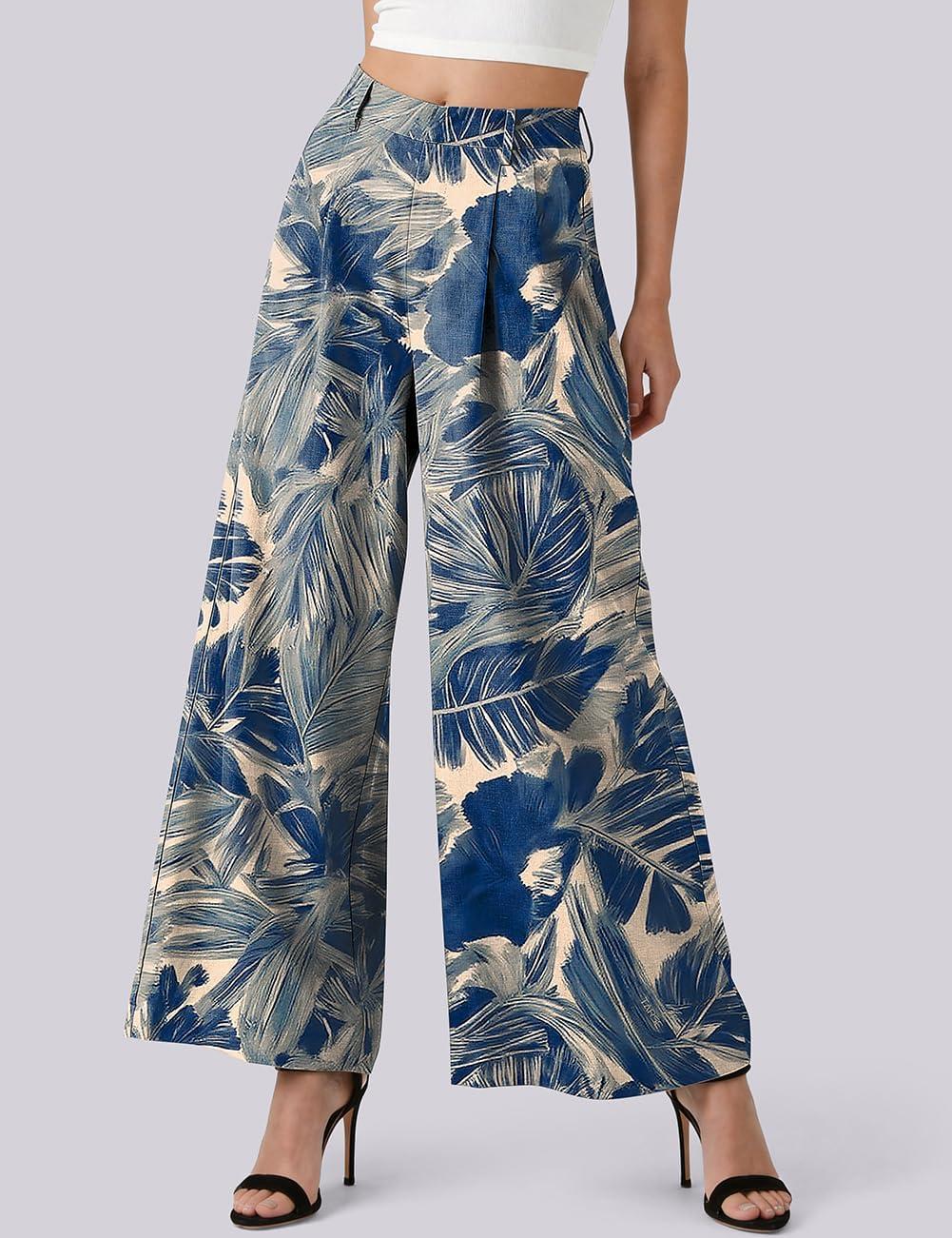 image:imageTARSE Womens High Waisted Linen Palazzo Pants 2026 Wide Leg Printed Pant Woman Flowy Work Casual Trousers with PocketsNavyleavepaint2
