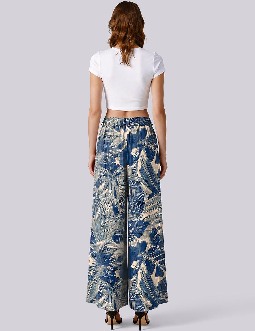 image:imageTARSE Womens High Waisted Linen Palazzo Pants 2026 Wide Leg Printed Pant Woman Flowy Work Casual Trousers with PocketsNavyleavepaint2