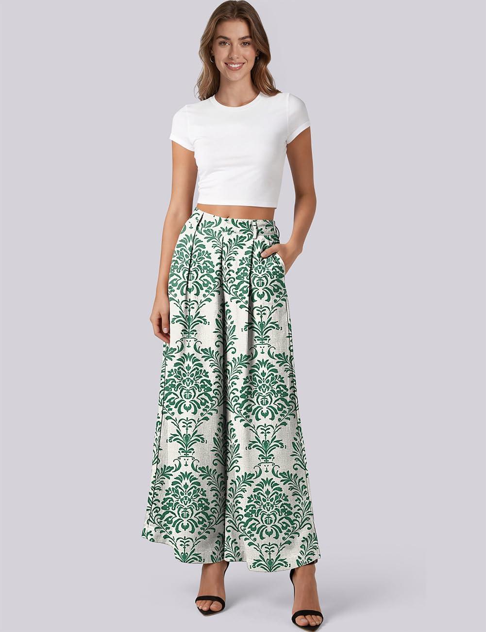 image:imageTARSE Womens High Waisted Linen Palazzo Pants 2026 Wide Leg Printed Pant Woman Flowy Work Casual Trousers with PocketsPalazzogreen