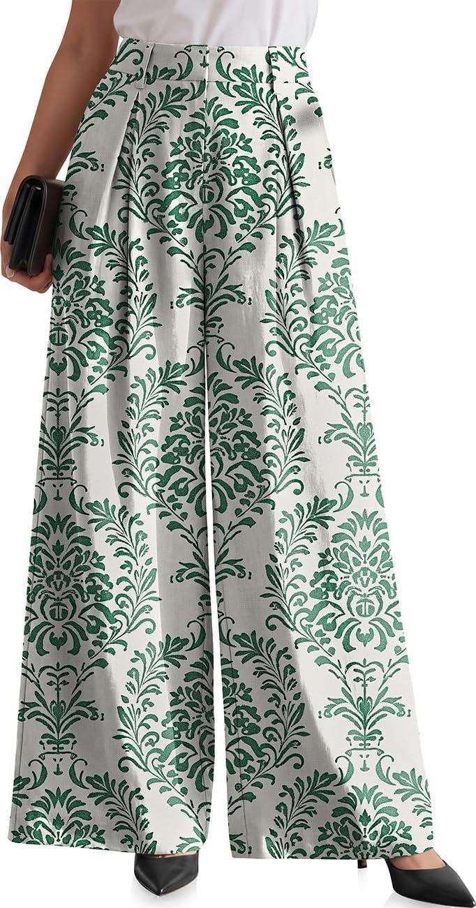 image:imageTARSE Womens High Waisted Linen Palazzo Pants 2026 Wide Leg Printed Pant Woman Flowy Work Casual Trousers with PocketsPalazzogreen