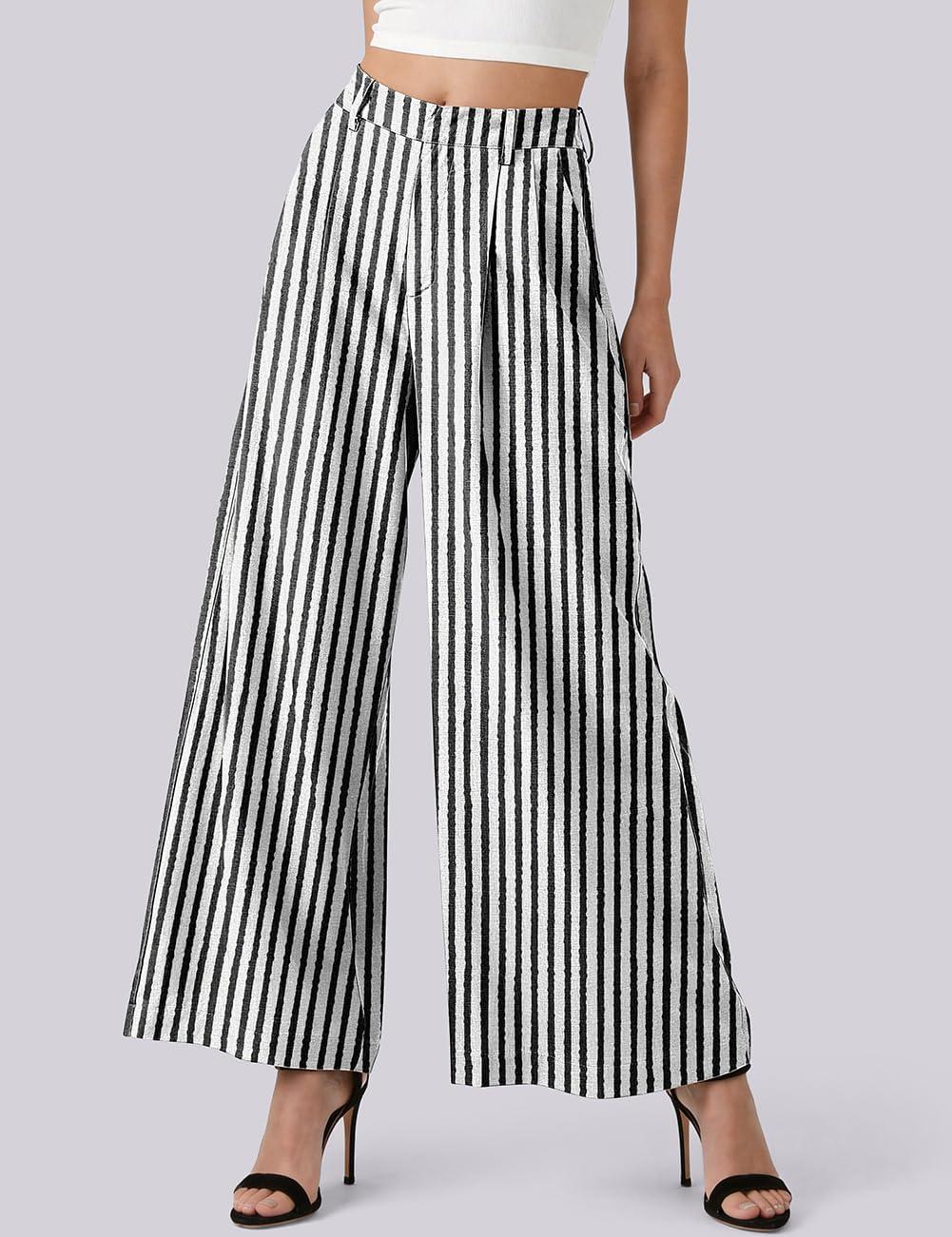 image:imageTARSE Womens High Waisted Linen Palazzo Pants 2026 Wide Leg Printed Pant Woman Flowy Work Casual Trousers with PocketsStripeblackwhite