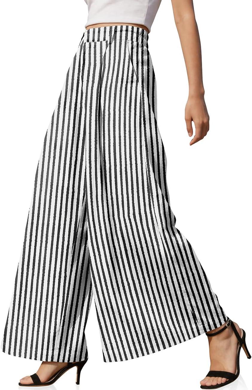 image:imageTARSE Womens High Waisted Linen Palazzo Pants 2026 Wide Leg Printed Pant Woman Flowy Work Casual Trousers with PocketsStripeblackwhite