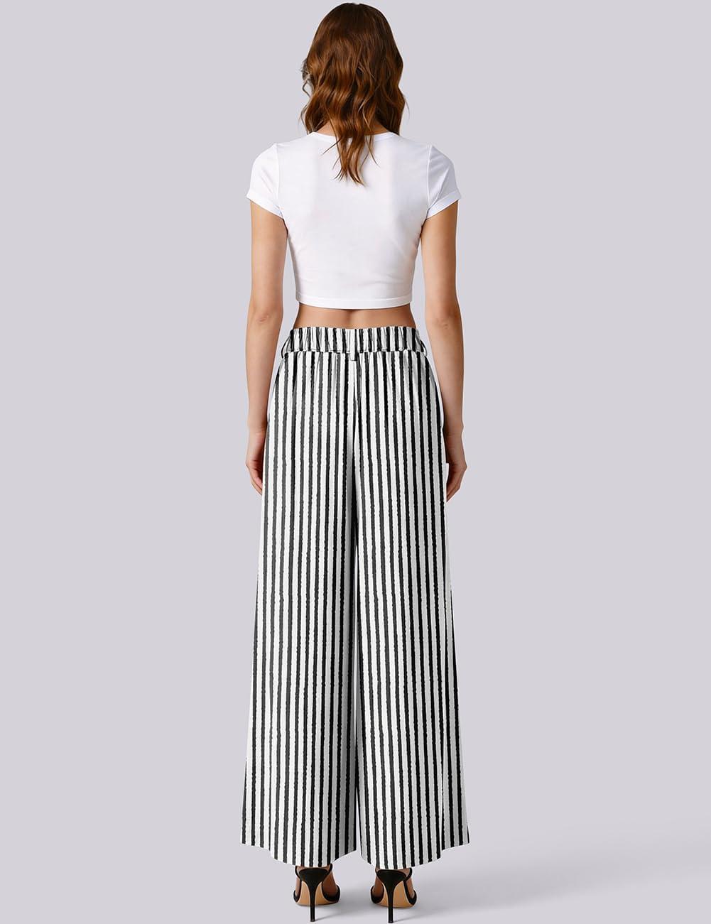 image:imageTARSE Womens High Waisted Linen Palazzo Pants 2026 Wide Leg Printed Pant Woman Flowy Work Casual Trousers with PocketsStripeblackwhite