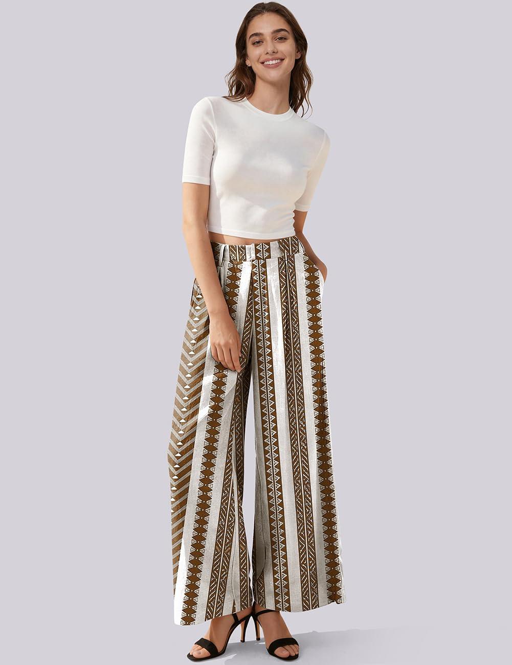image:imageTARSE Womens High Waisted Linen Palazzo Pants 2026 Wide Leg Printed Pant Woman Flowy Work Casual Trousers with PocketsStripecoffee