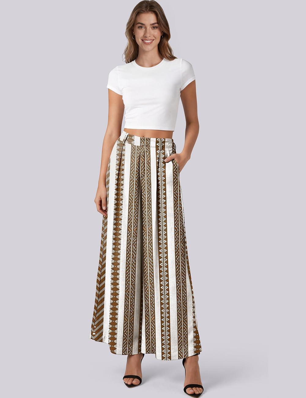 image:imageTARSE Womens High Waisted Linen Palazzo Pants 2026 Wide Leg Printed Pant Woman Flowy Work Casual Trousers with PocketsStripecoffee