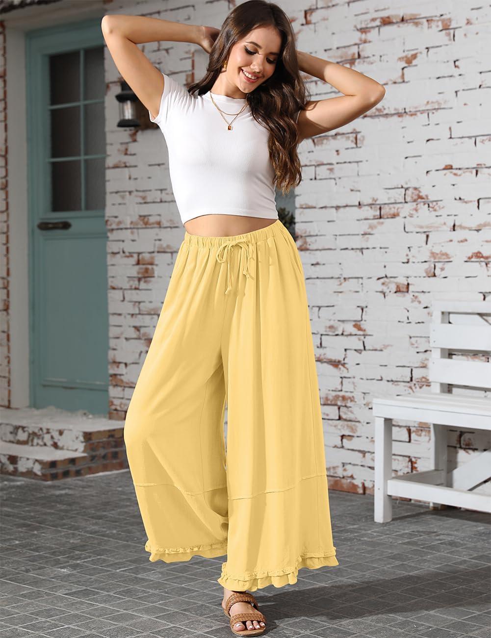 image:imageTARSE Womens Linen Palazzo Pants Ruffle Wide Leg Cropped Flowy Drawstring Casual Loose Summer Beach with PocketsCreamy Yellow