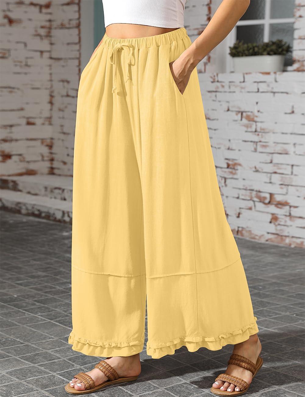 image:imageTARSE Womens Linen Palazzo Pants Ruffle Wide Leg Cropped Flowy Drawstring Casual Loose Summer Beach with PocketsCreamy Yellow