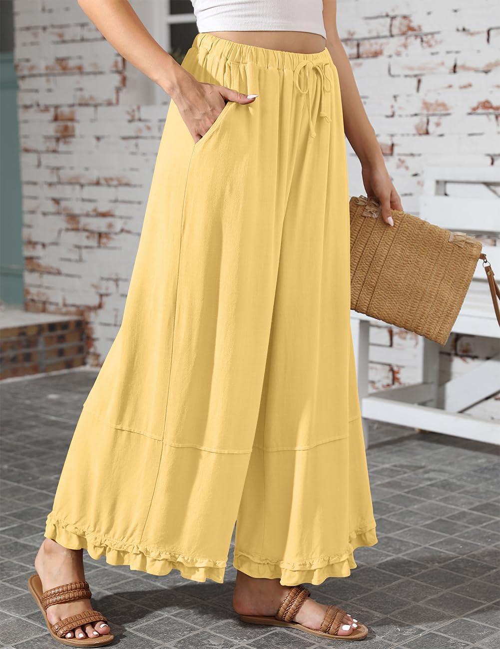 image:imageTARSE Womens Linen Palazzo Pants Ruffle Wide Leg Cropped Flowy Drawstring Casual Loose Summer Beach with PocketsCreamy Yellow