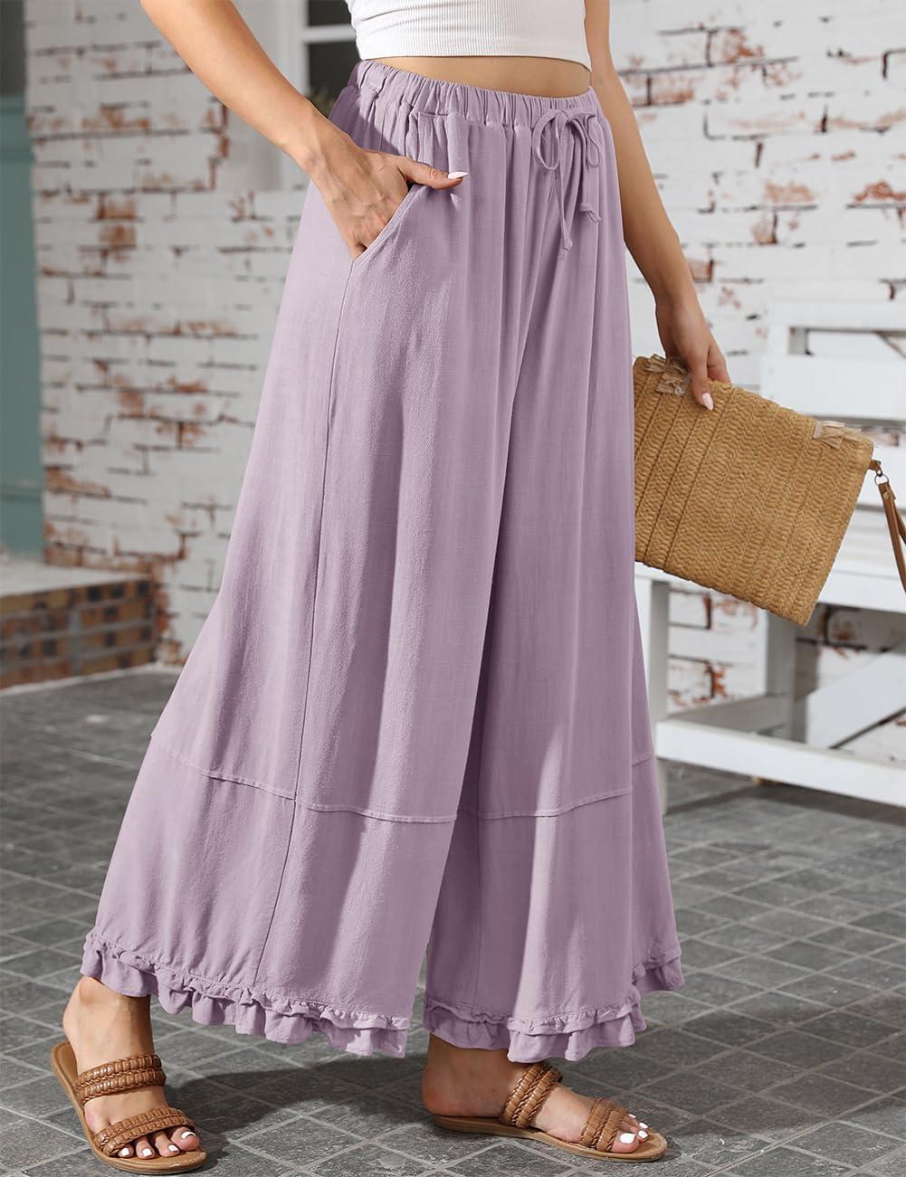 image:imageTARSE Womens Linen Palazzo Pants Ruffle Wide Leg Cropped Flowy Drawstring Casual Loose Summer Beach with PocketsLight Purple