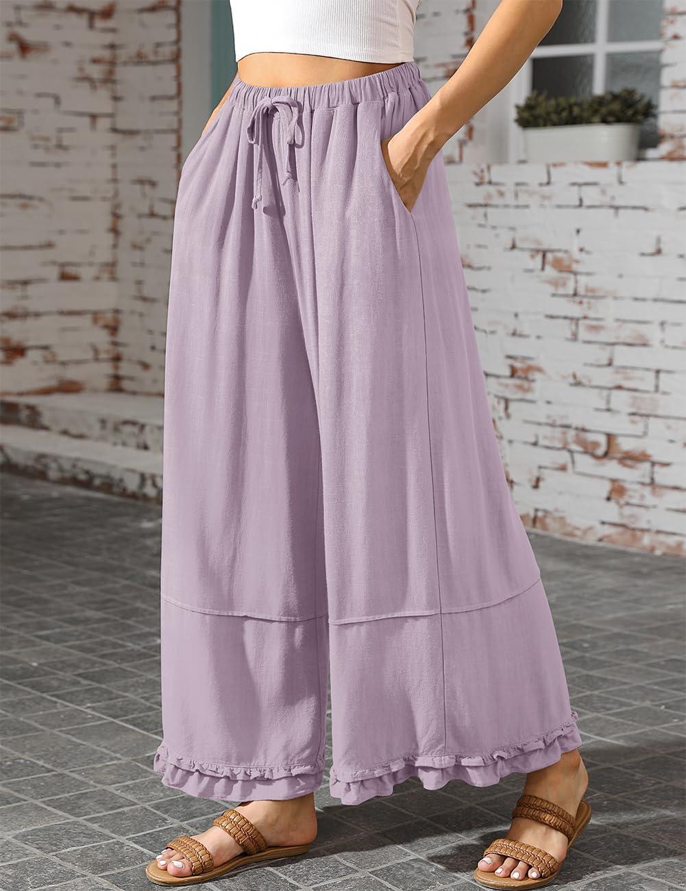 image:imageTARSE Womens Linen Palazzo Pants Ruffle Wide Leg Cropped Flowy Drawstring Casual Loose Summer Beach with PocketsLight Purple