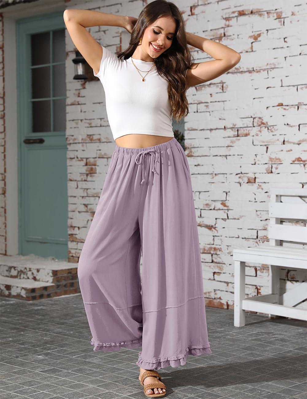 image:imageTARSE Womens Linen Palazzo Pants Ruffle Wide Leg Cropped Flowy Drawstring Casual Loose Summer Beach with PocketsLight Purple