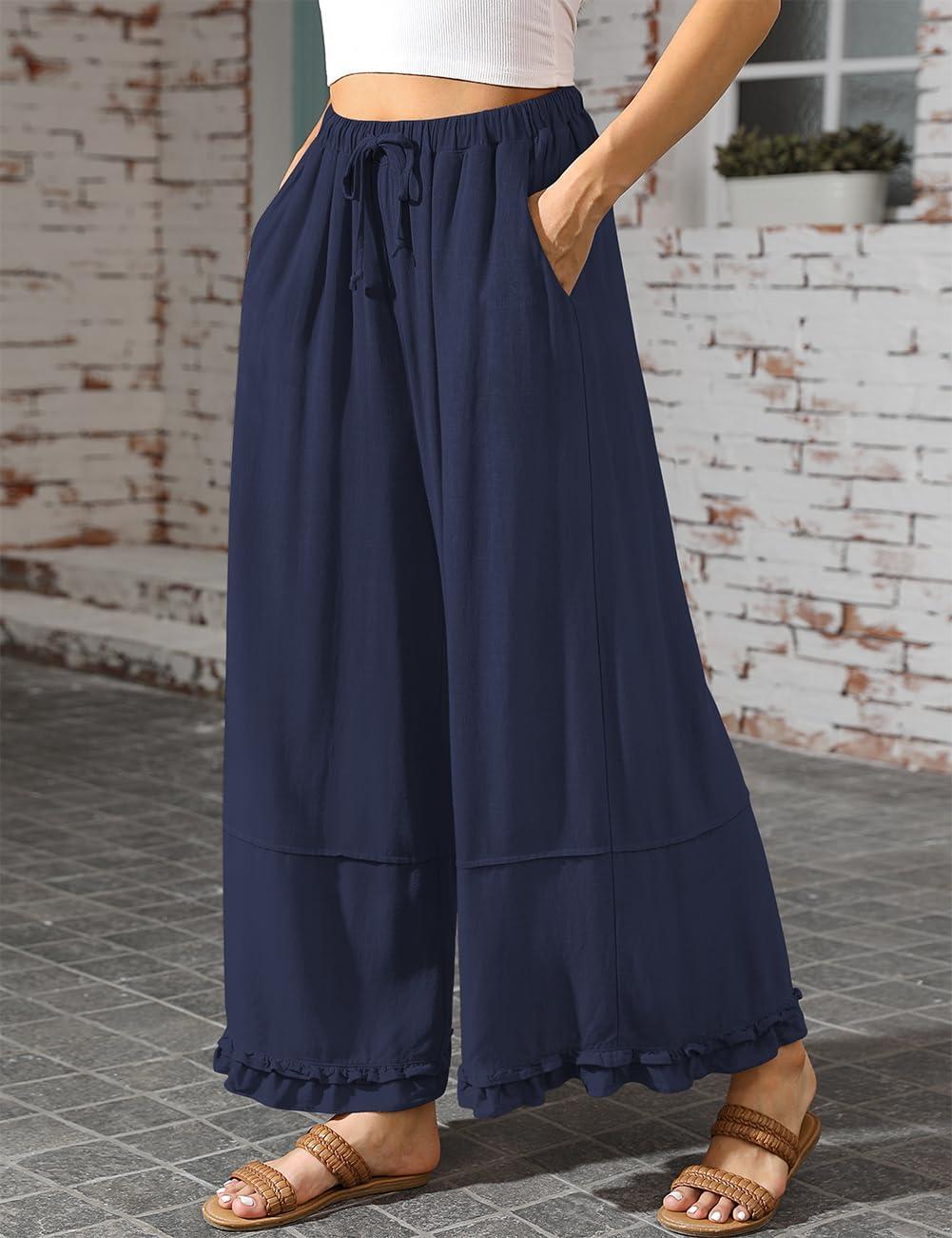 image:imageTARSE Womens Linen Palazzo Pants Ruffle Wide Leg Cropped Flowy Drawstring Casual Loose Summer Beach with PocketsNavy