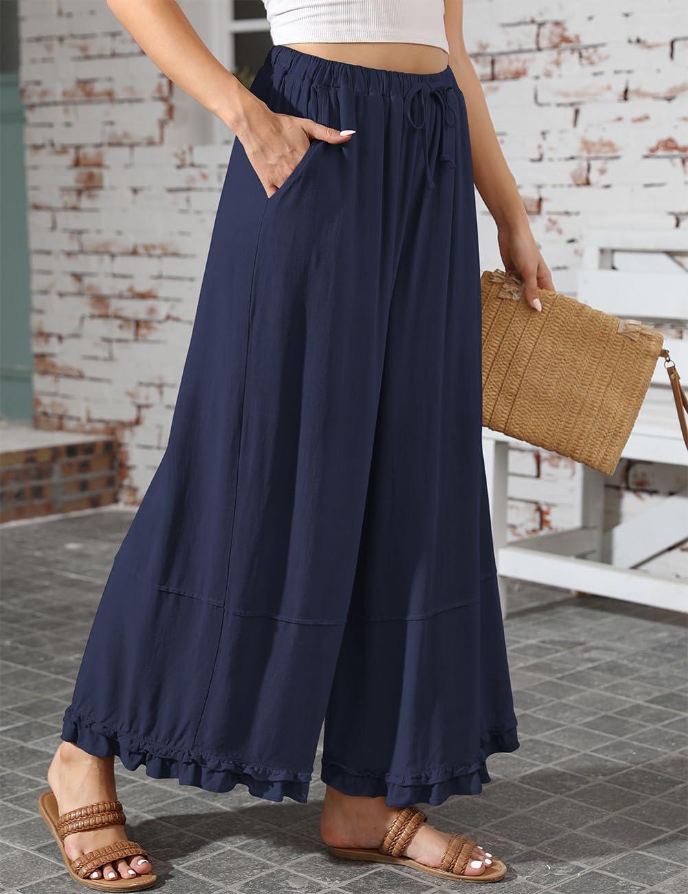 image:imageTARSE Womens Linen Palazzo Pants Ruffle Wide Leg Cropped Flowy Drawstring Casual Loose Summer Beach with PocketsNavy