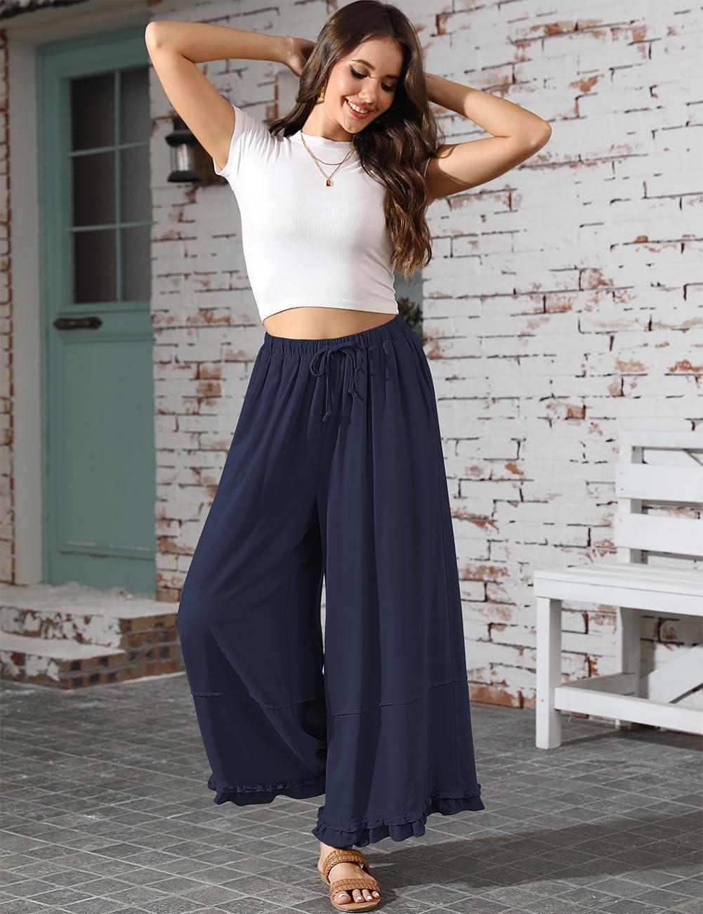 image:imageTARSE Womens Linen Palazzo Pants Ruffle Wide Leg Cropped Flowy Drawstring Casual Loose Summer Beach with PocketsNavy
