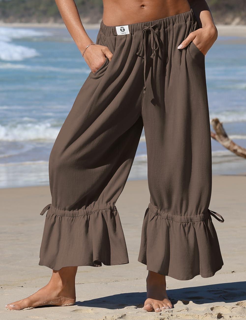 image:imageTARSE Womens Linen Wide Leg Pants Casual Cropped Ruffle with Ties Palazzo Flowy Drawstring Loose Cute Pants with PocketsDark Coffee