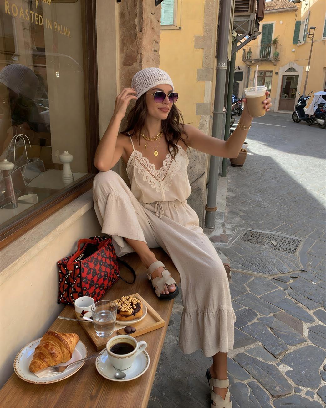 image:imageTARSE Womens Linen Wide Leg Pants Casual Cropped Ruffle with Ties Palazzo Flowy Drawstring Loose Cute Pants with PocketsHeather Light Khaki