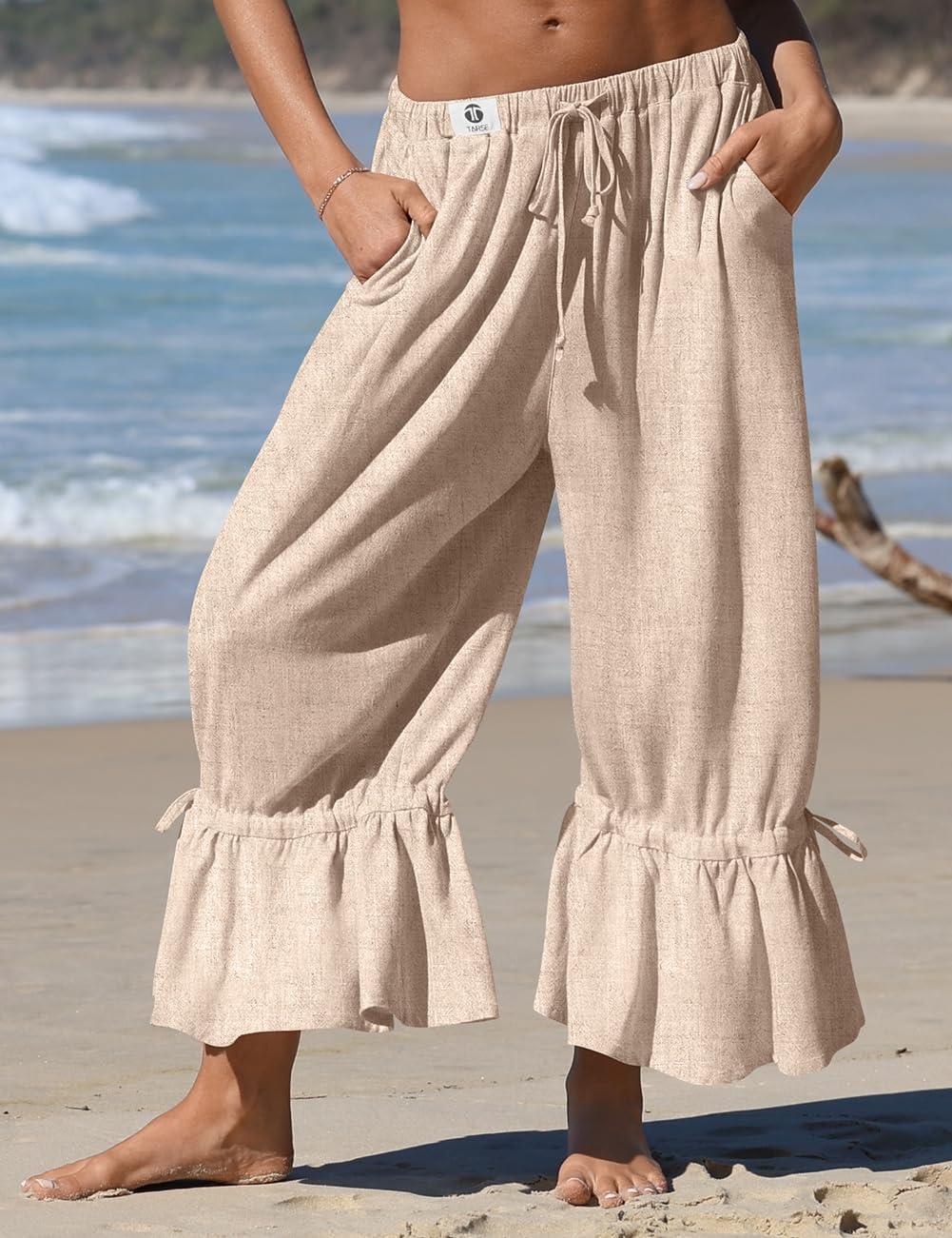 image:imageTARSE Womens Linen Wide Leg Pants Casual Cropped Ruffle with Ties Palazzo Flowy Drawstring Loose Cute Pants with PocketsHeather Light Khaki