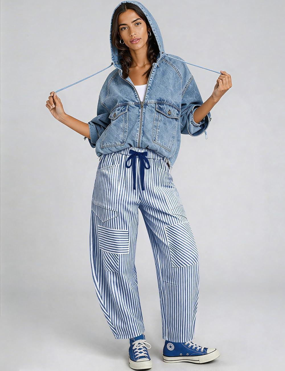 image:imageTARSE Womens Striped Linen Barrel Pants Wide Leg Drawstring Baggy Summer Beach Lounge Pants with Pockets Y2k PatchworkDark Blue Stripe