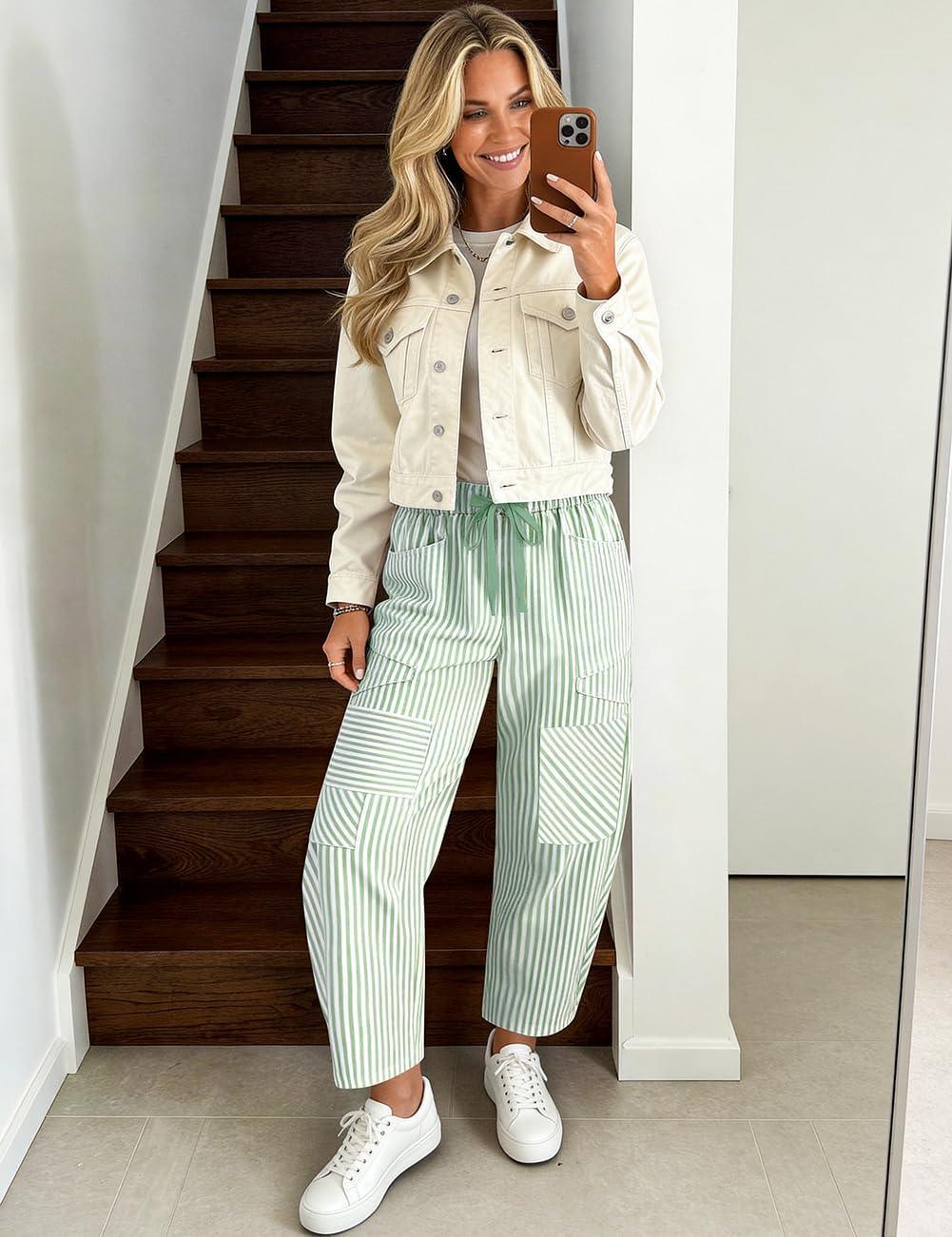 image:imageTARSE Womens Striped Linen Barrel Pants Wide Leg Drawstring Baggy Summer Beach Lounge Pants with Pockets Y2k PatchworkLight Green White Stripe