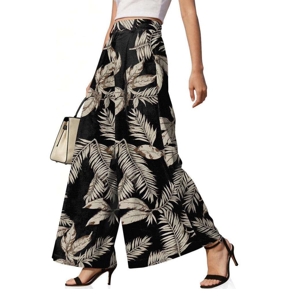 image:imageTARSE Womens High Waisted Linen Palazzo Pants 2026 Wide Leg Printed Pant Woman Flowy Work Casual Trousers with PocketsBrycoconutleave