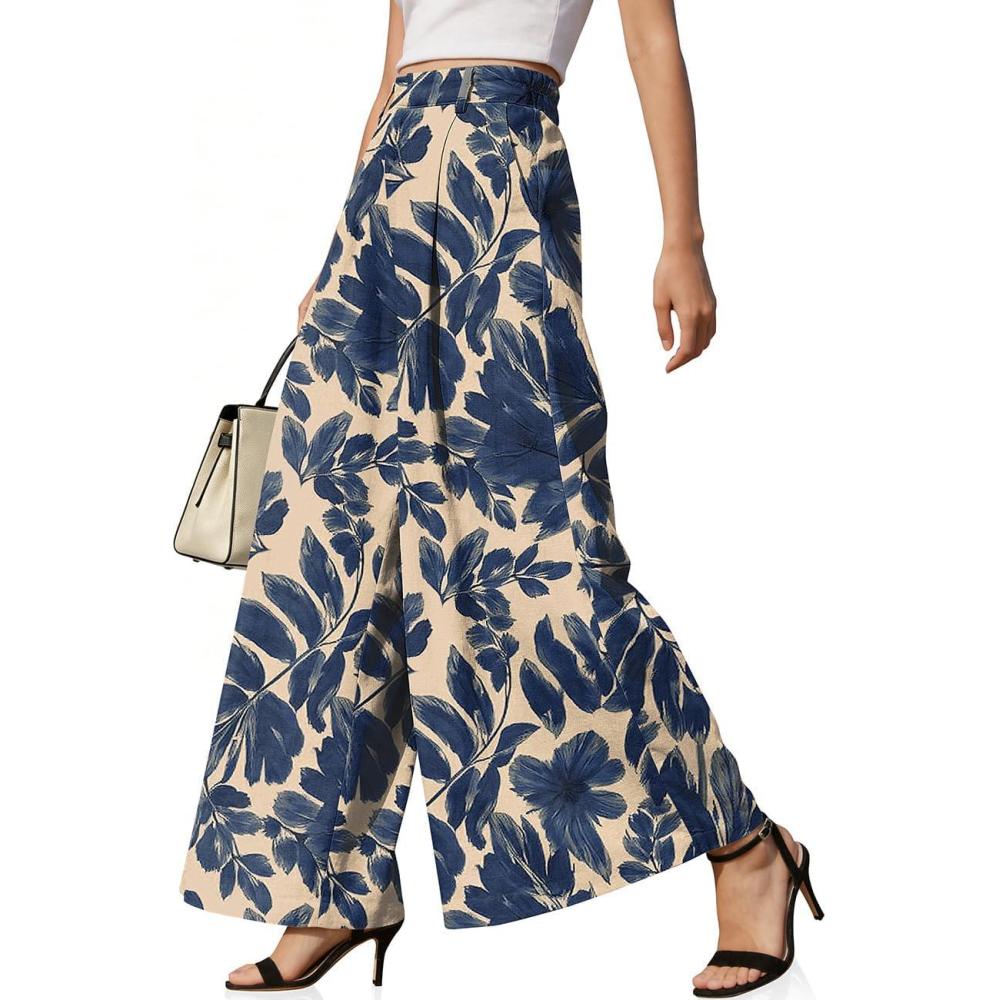image:imageTARSE Womens High Waisted Linen Palazzo Pants 2026 Wide Leg Printed Pant Woman Flowy Work Casual Trousers with PocketsNavyleavepaint1
