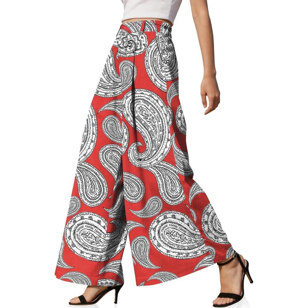 image:imageTARSE Womens High Waisted Linen Palazzo Pants 2026 Wide Leg Printed Pant Woman Flowy Work Casual Trousers with PocketsPaisleyred