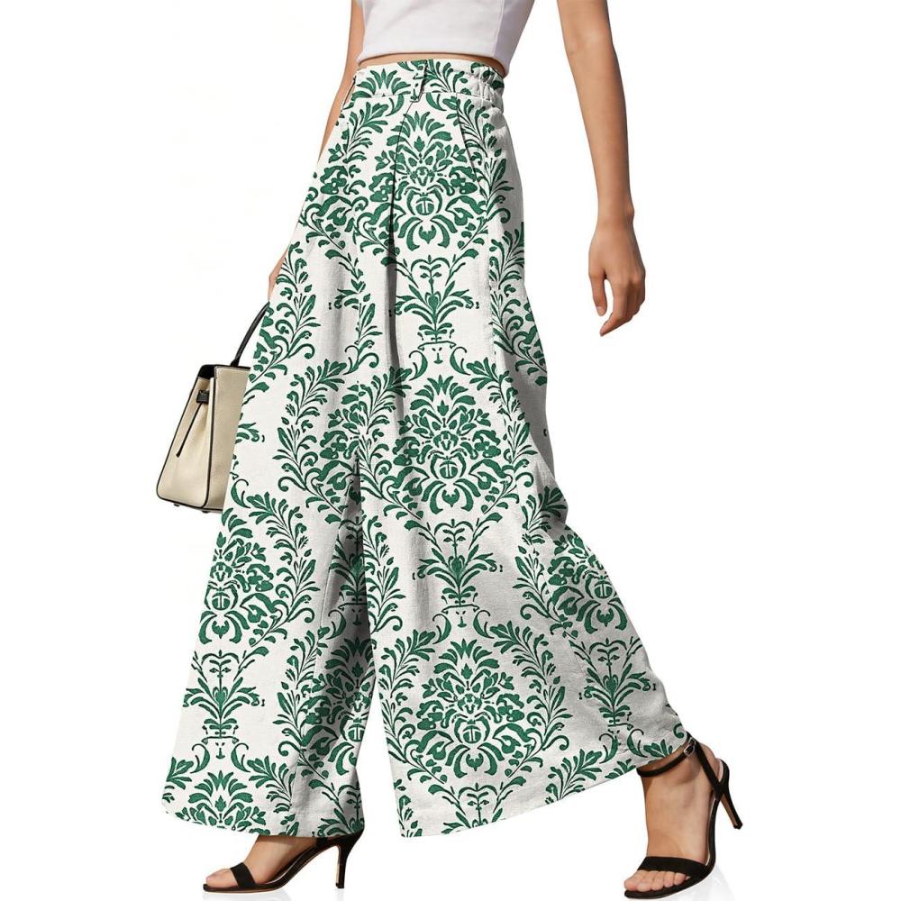 image:imageTARSE Womens High Waisted Linen Palazzo Pants 2026 Wide Leg Printed Pant Woman Flowy Work Casual Trousers with PocketsPalazzogreen
