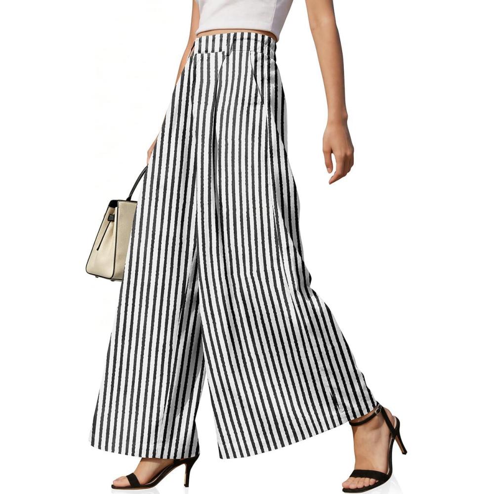 image:imageTARSE Womens High Waisted Linen Palazzo Pants 2026 Wide Leg Printed Pant Woman Flowy Work Casual Trousers with PocketsStripeblackwhite