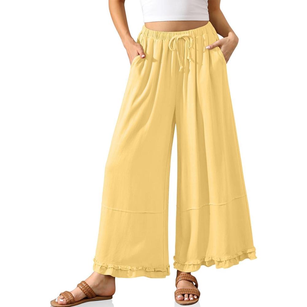 image:imageTARSE Womens Linen Palazzo Pants Ruffle Wide Leg Cropped Flowy Drawstring Casual Loose Summer Beach with PocketsCreamy Yellow