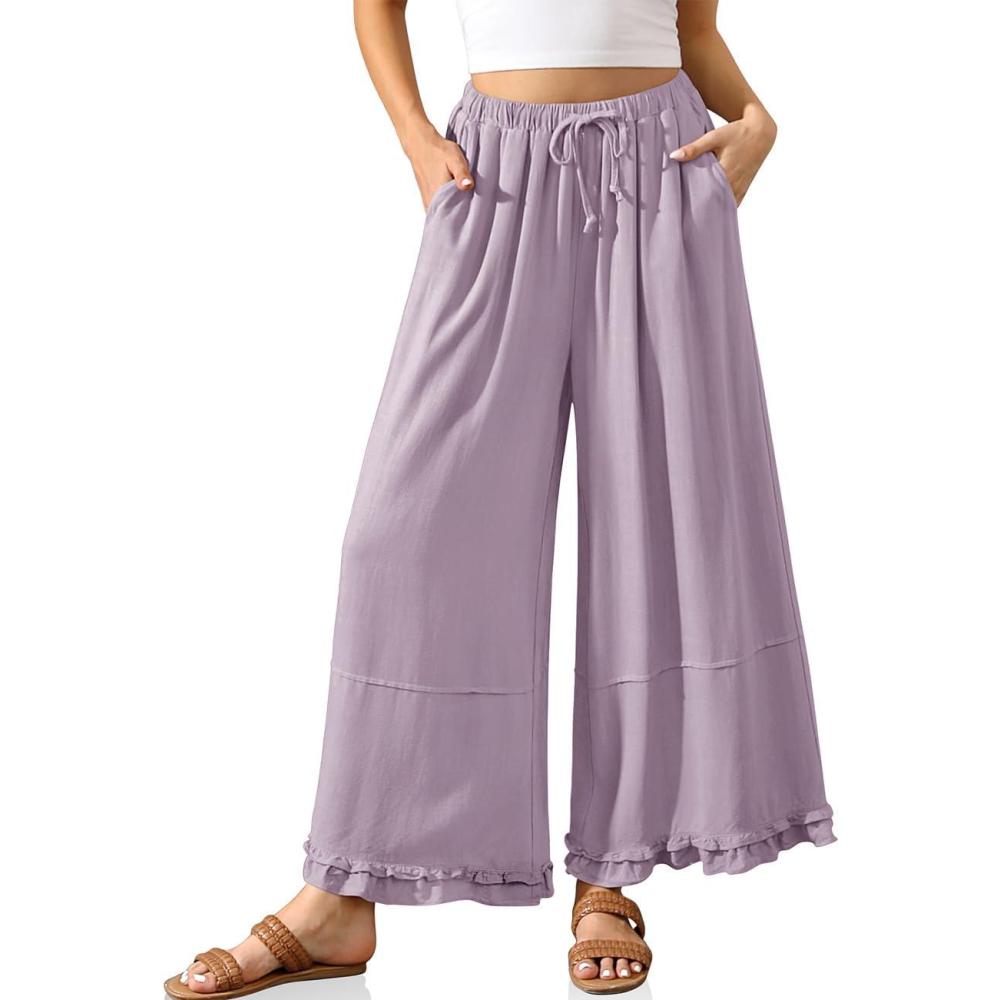 image:imageTARSE Womens Linen Palazzo Pants Ruffle Wide Leg Cropped Flowy Drawstring Casual Loose Summer Beach with PocketsLight Purple