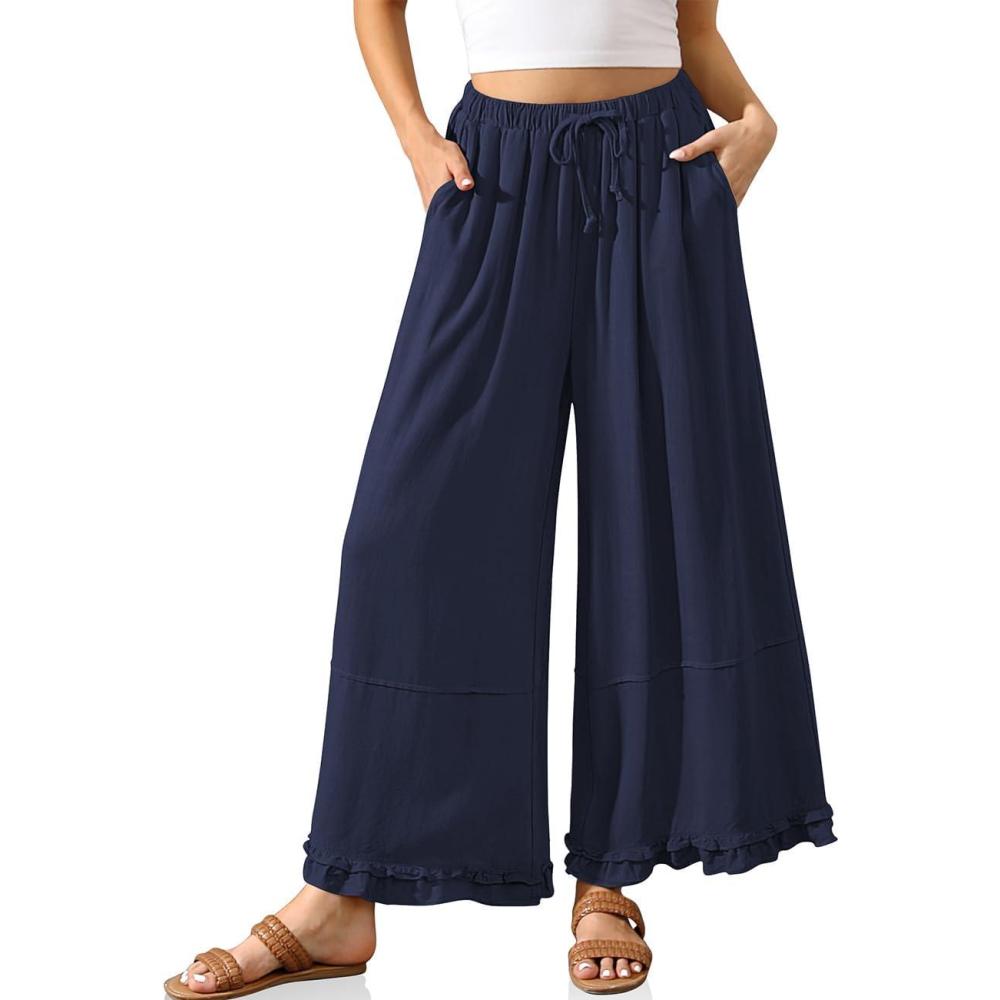 image:imageTARSE Womens Linen Palazzo Pants Ruffle Wide Leg Cropped Flowy Drawstring Casual Loose Summer Beach with PocketsNavy
