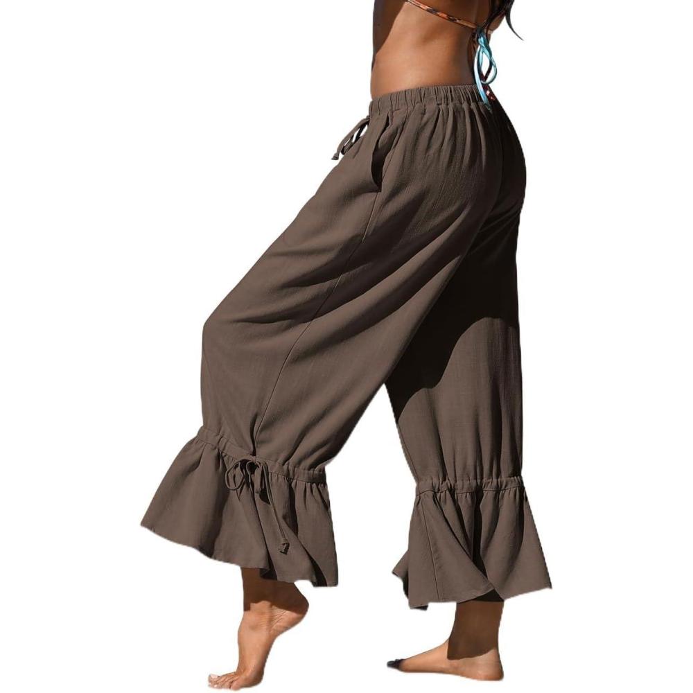 image:imageTARSE Womens Linen Wide Leg Pants Casual Cropped Ruffle with Ties Palazzo Flowy Drawstring Loose Cute Pants with PocketsDark Coffee