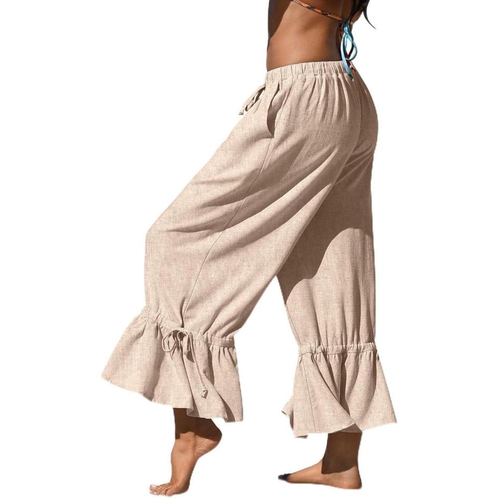 image:imageTARSE Womens Linen Wide Leg Pants Casual Cropped Ruffle with Ties Palazzo Flowy Drawstring Loose Cute Pants with PocketsHeather Light Khaki