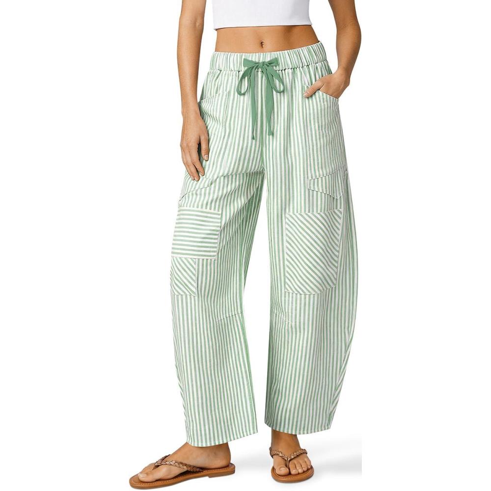 image:imageTARSE Womens Striped Linen Barrel Pants Wide Leg Drawstring Baggy Summer Beach Lounge Pants with Pockets Y2k PatchworkLight Green White Stripe