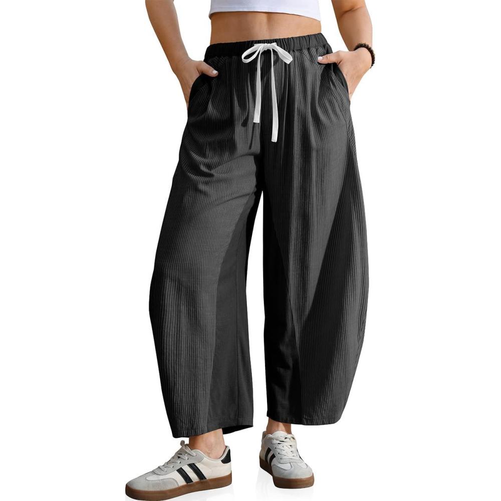 image:imageTARSE Womens Wide Leg Barrel Pants Striped Drawstring Elastic Waist Loose Fit Summer Boho Casual Trendy Pants with PocketsBlack