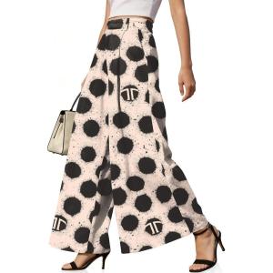 TARSE Womens High Waisted Linen Palazzo Pants 2026 Wide Leg Printed Pant Woman Flowy Work Casual Trousers with Pockets(Dotvblack)