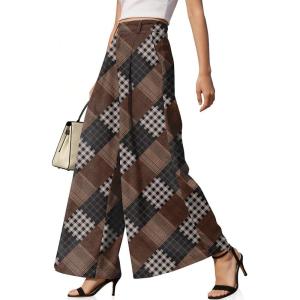 TARSE Womens High Waisted Linen Palazzo Pants 2026 Wide Leg Printed Pant Woman Flowy Work Casual Trousers with Pockets(Multitwill-flangeblackcoffee)